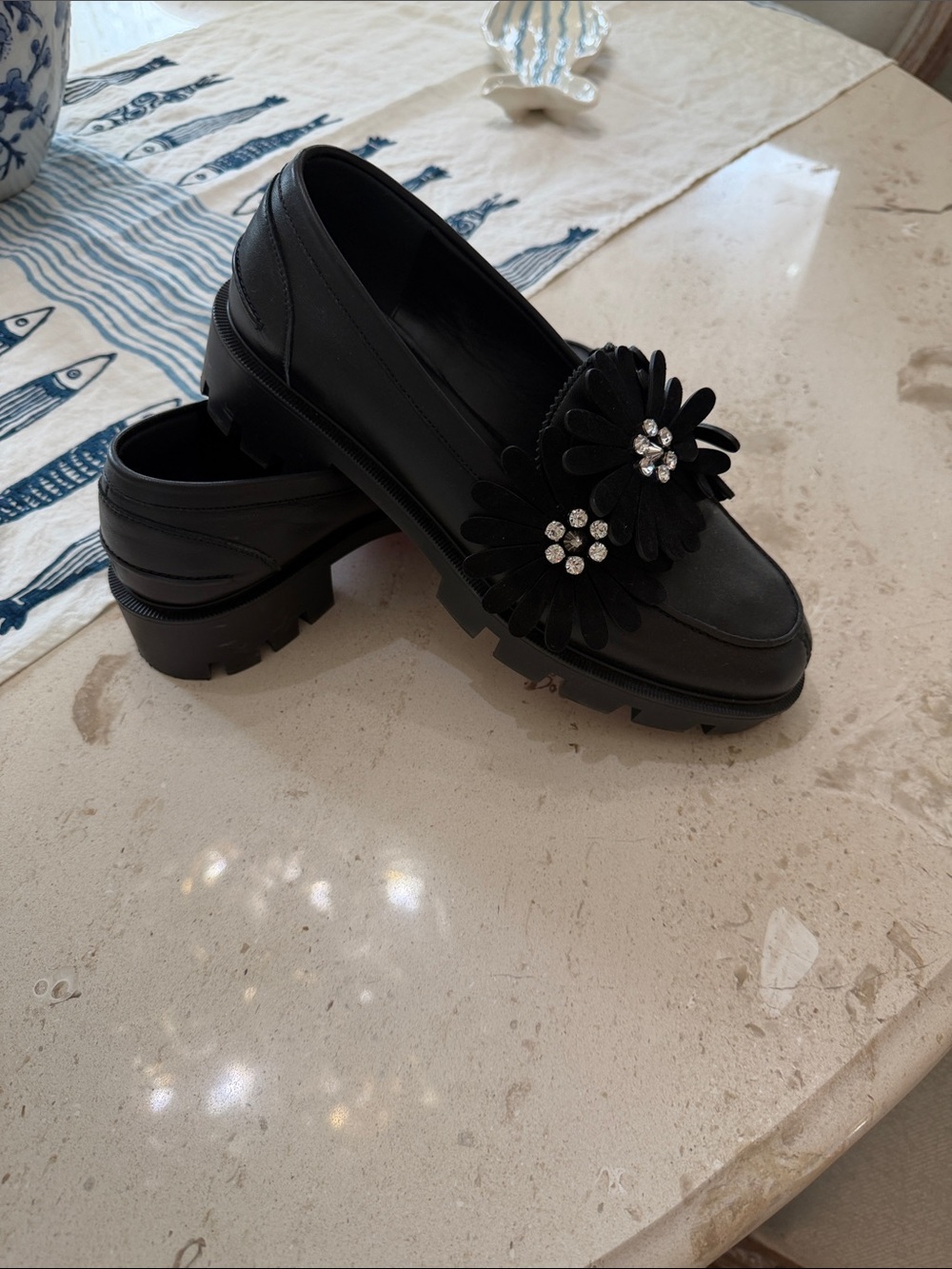 Christian Louboutin Black Floral Crystal-Embellished Loafer Flats - Picture 2 of 4